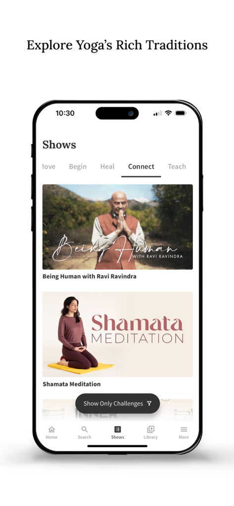 Yoga Anytime app interface displaying themed shows and meditation classes under the Connect category.