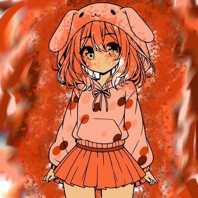 pretty anime girl wearing a fluffy hoodie with bunny ears on the hood and a skirt