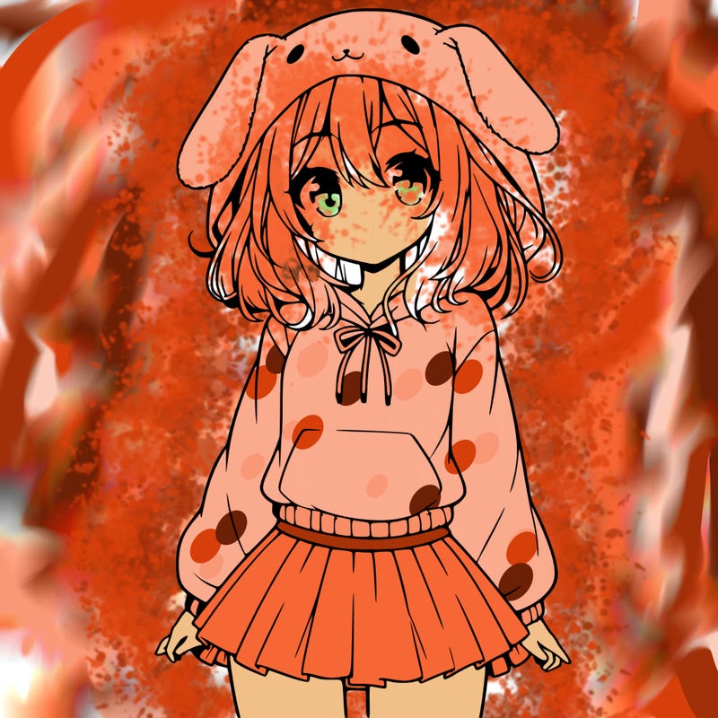 pretty anime girl wearing a fluffy hoodie with bunny ears on the hood and a skirt