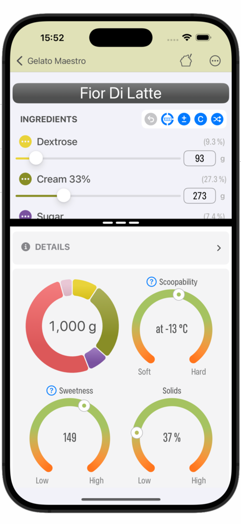 Gelato Maestro Pro: Recipe - Interfaccia professionale di bilanciamento ricette gelato che mostra cursori per ingredienti e indicatori di qualità