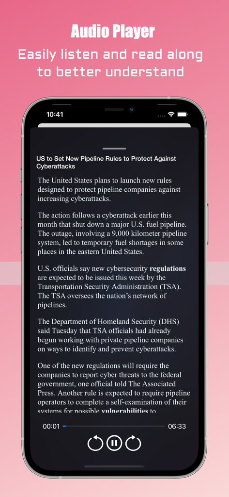 VOA English Learning - Interface du lecteur audio de l'application VOA English Learning pour écouter et lire des articles de presse