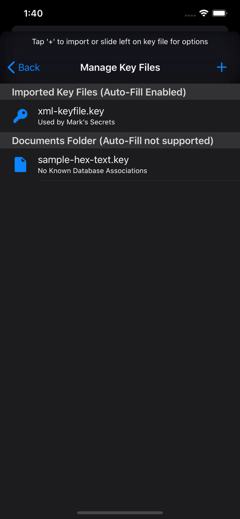 Strongbox Proアプリのインターフェイス。iOSでのデータベースセキュリティのためのキーファイル管理画面が表示されています。