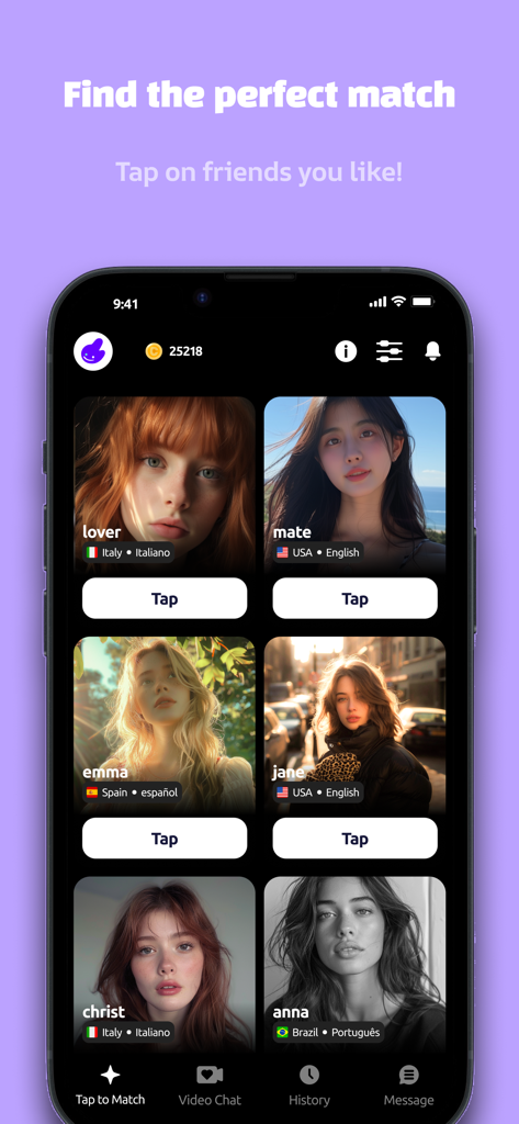 Pantalla de la aplicación de video chat Bermuda mostrando una cuadrícula de perfiles de usuario de todo el mundo para encontrar coincidencias