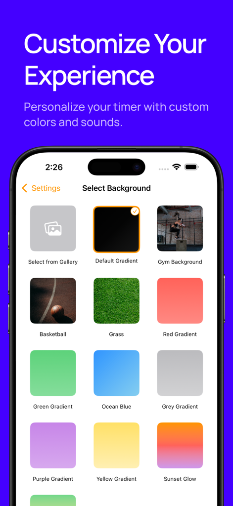 Un menú en la aplicación WOD Timer que muestra varias opciones de color y fondos de imagen para personalizar.