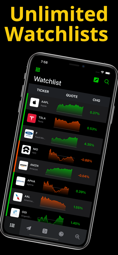 Stock Signals-Screener & Alert - iPhone screenshot showing a stock market watchlist with real time price charts and performance data for tickers like AAPL and TSLA
