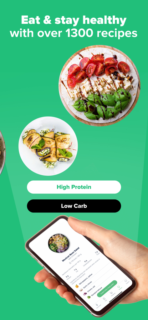 feastr app showing healthy meal plans with high protein and low carb recipe options on a smartphone
