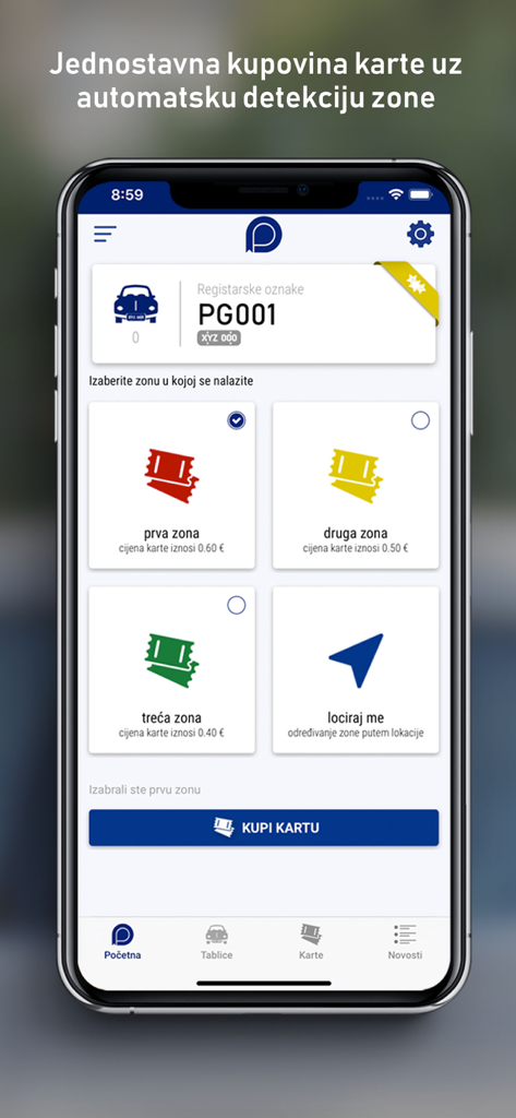 Mobile app interface for Parking Servis Podgorica showing parking zone options and a buy ticket button