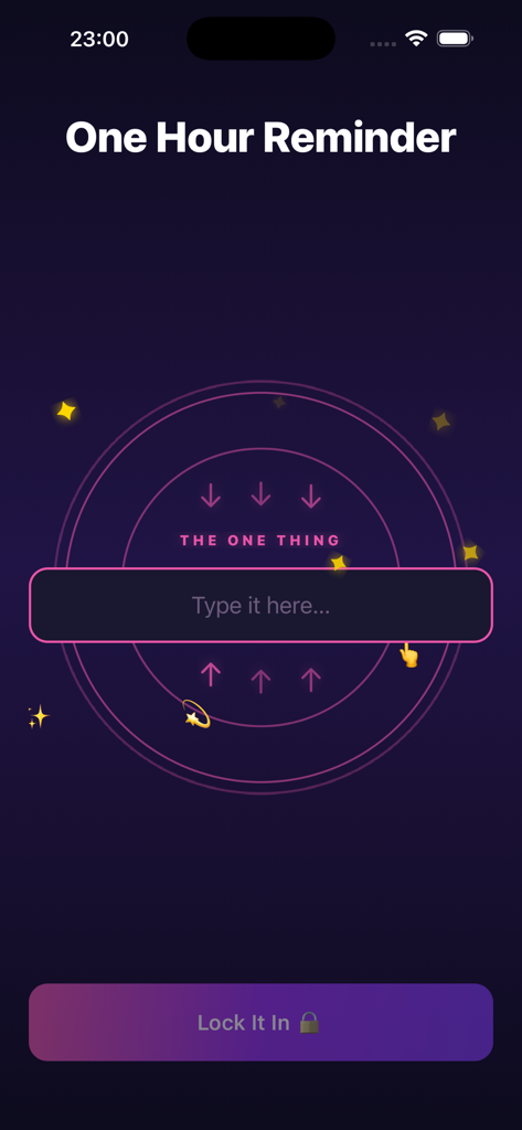 One Hour Reminder - A tela inicial do aplicativo Lembrete de Uma Hora com um campo de entrada de tarefa única e um botão de bloqueio.