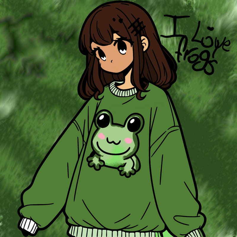 girl wearing frogging sweatshirt
