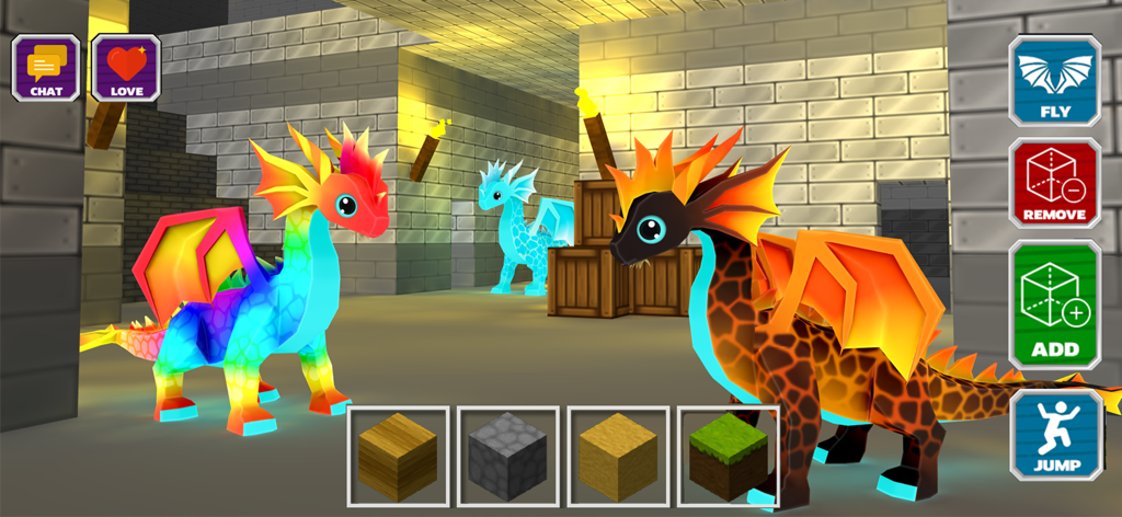 Colorful blocky dragons in a stone castle environment with building game controls