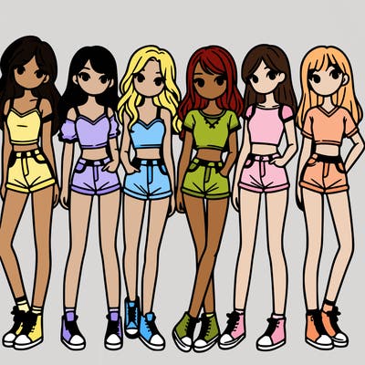 a group of girls wearing crop tops and shorts