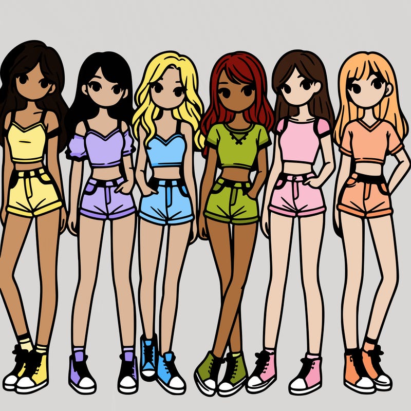 a group of girls wearing crop tops and shorts