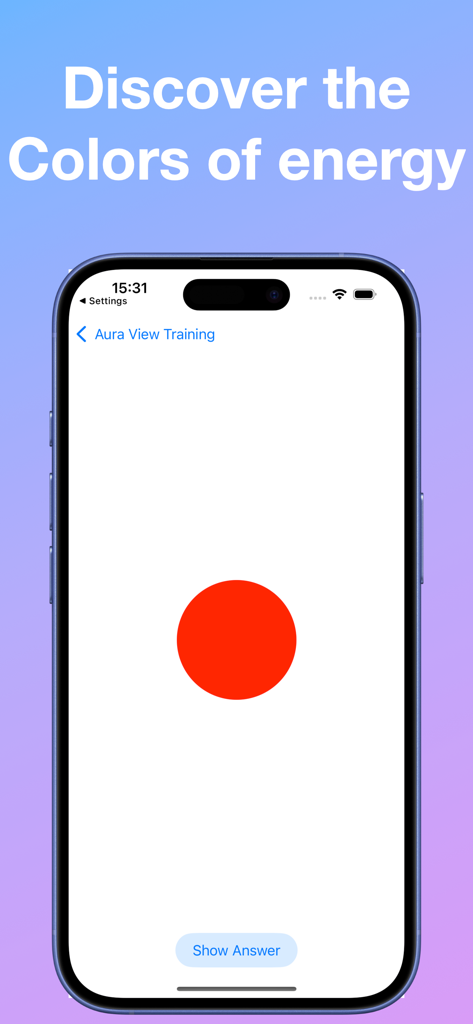AuraVision app display with a red circle on a white background for energy color training