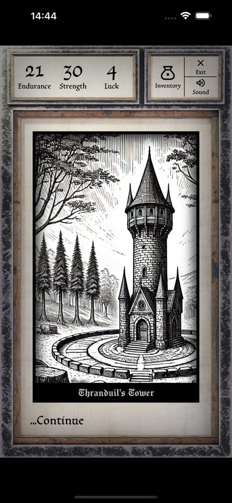 Pantalla de juego de Hero Of Fate mostrando estadísticas de personajes e una ilustración dibujada a mano de la Torre de Thranduil