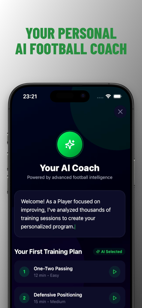 Ronaldify: AI Football Coach - Pantalla de la aplicación Ronaldify que muestra un plan de entrenamiento de fútbol IA personalizado con ejercicios de pase y posicionamiento