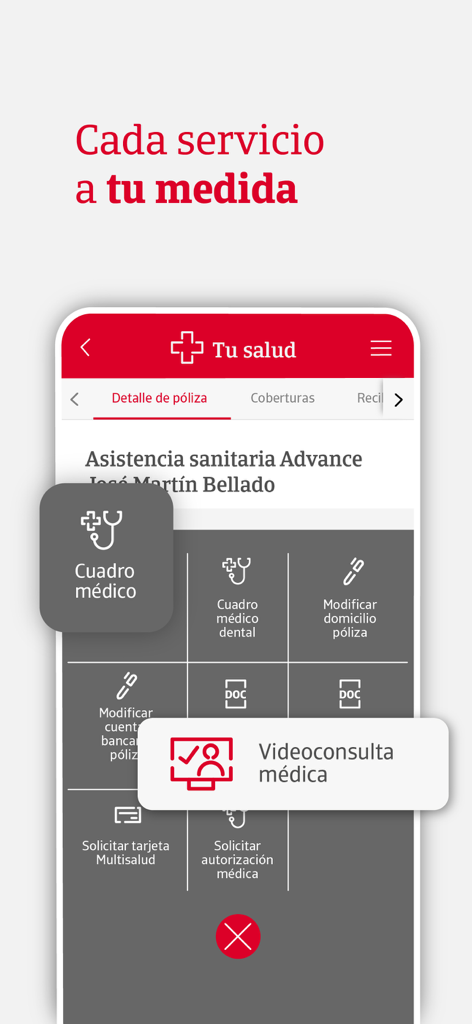 Panel de servicios de salud de la app móvil E-cliente Occident con opciones de telemedicina.