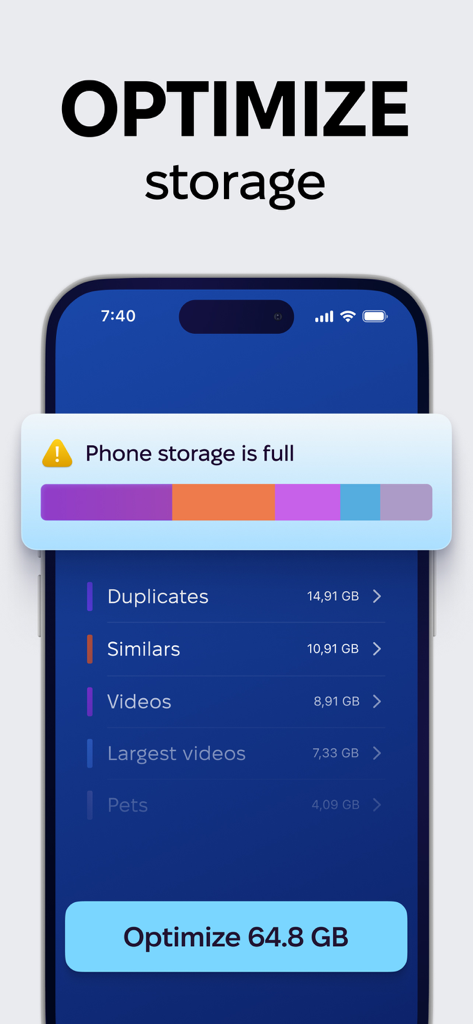 CleanMyPhone app interface showing storage optimization options for an iPhone with full storage notification