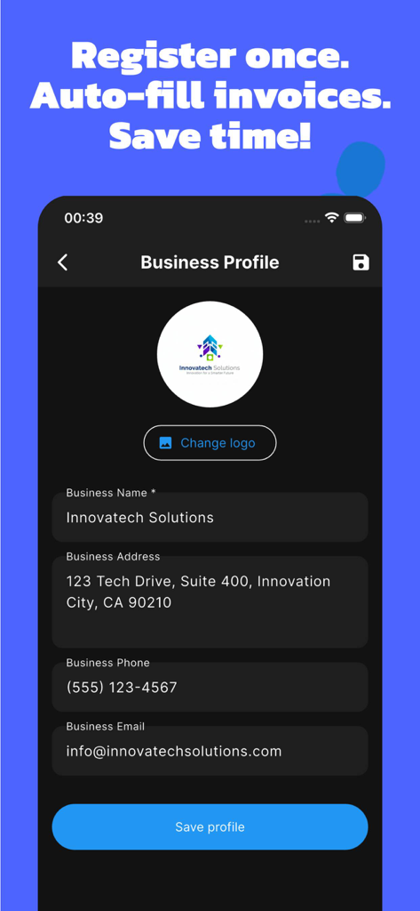 Simple Invoice Pro creator - 請求書への自動入力のために、ビジネス名、住所、連絡先情報フィールドを表示するSimple Invoice Proアプリのビジネスプロフィールの設定画面