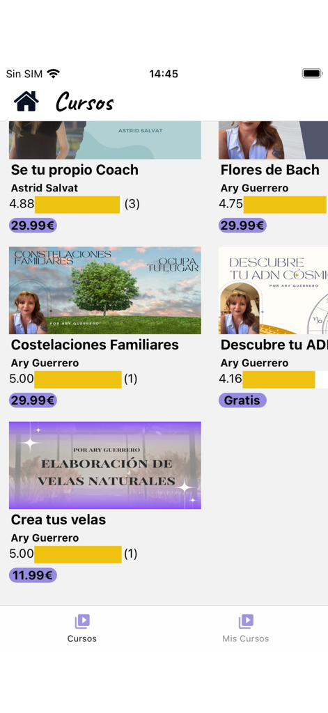 psicosinlimites - Mobile app screen showing various personal growth and mental wellness courses