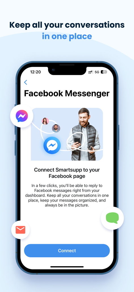Schermata dell'app mobile Smartsupp che mostra le opzioni per connettere Facebook Messenger e mantenere tutte le conversazioni in un unico posto.