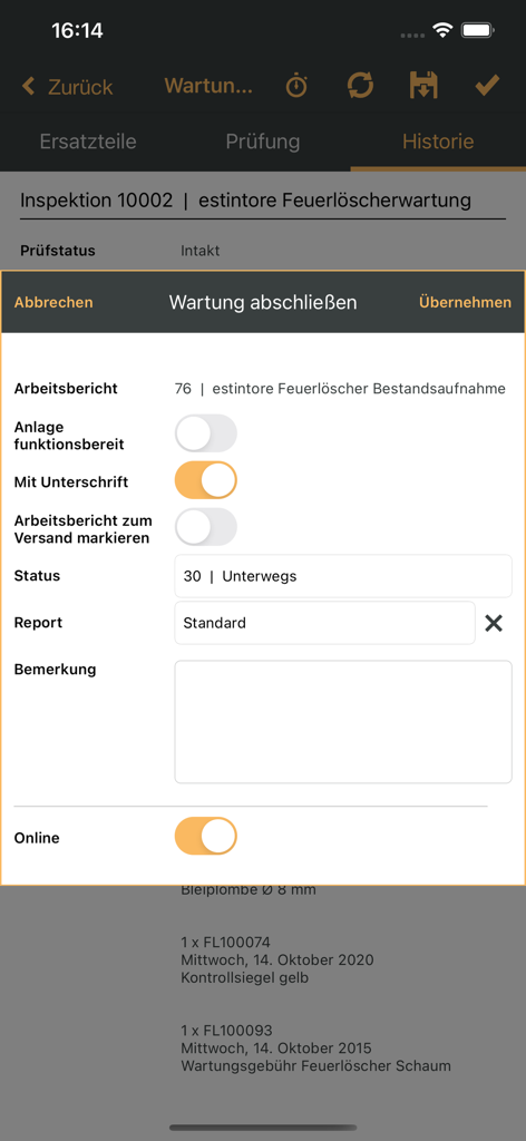 Mobile Schnittstelle der esmobile 14 App zum Ausfüllen eines Wartungsauftrags und zur Erfassung eines Arbeitsberichts.