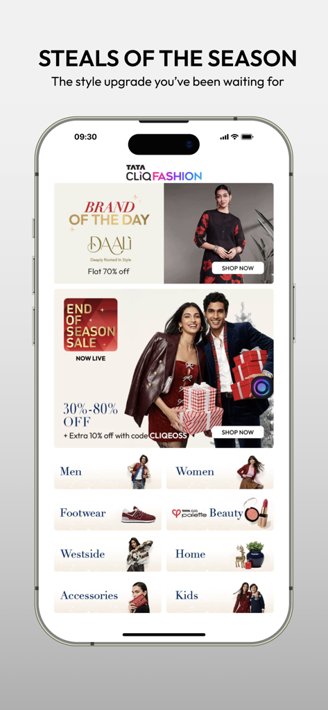 Tata CLiQ Fashion Shopping - Tata CLiQ app home screen showcasing seasonal sales and fashion categories for men, women, and home decor.