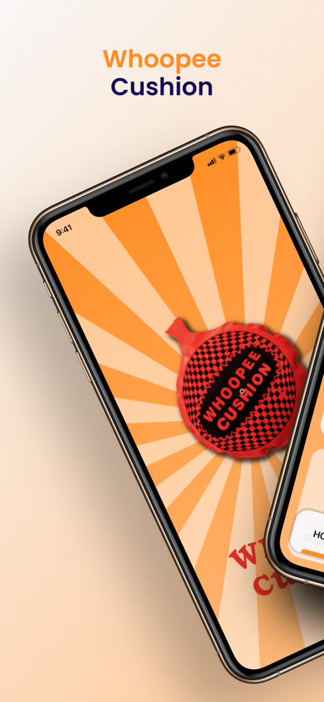 Whoopee Cushion Sound - Smartphone displaying the Whoopee Cushion prank app interface with a red whoopee cushion on an orange sunburst background