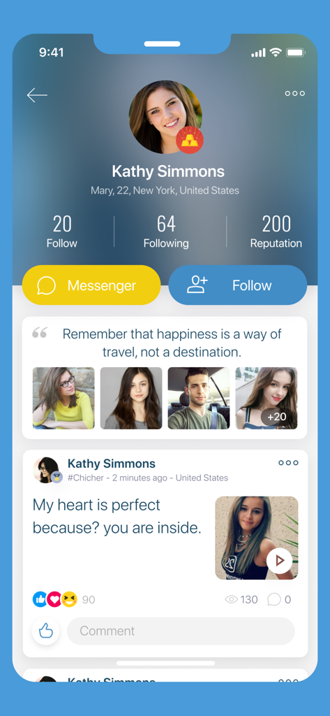 JustChill - Meet new people - JustChill mobile app interface displaying a user profile for Kathy Simmons with bio followers and recent activity