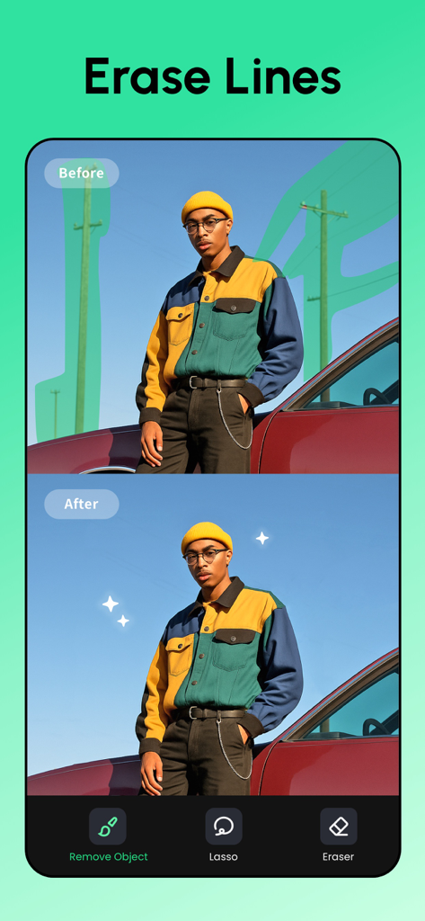Remove Objects: Pic Retouch AI - A before and after comparison showing the removal of background utility poles and power lines from a portrait photo using AI