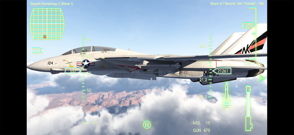 Alliance: Air War - A side view of an F-14 fighter jet flying above clouds and a canyon landscape in Alliance Air War