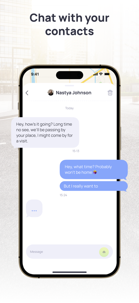 A smartphone displaying the in-app chat interface of the Find my friends GPS Locator app used for family coordination.
