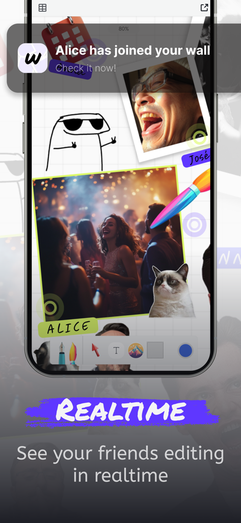 JamWall: Live collage - A smartphone displaying the JamWall app with a live collaborative photo collage being edited by multiple users