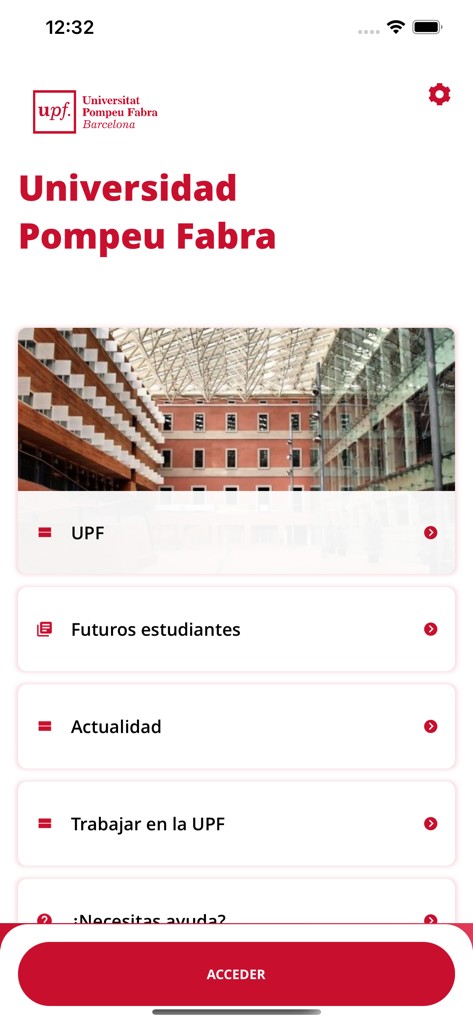 Pantalla de inicio de la aplicación UPF Mobil mostrando opciones del menú universitario y un botón de acceso.