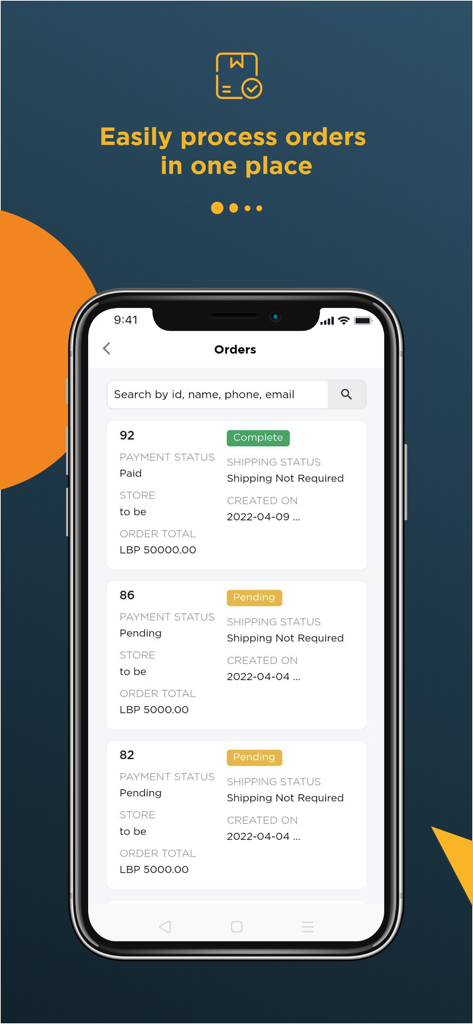 iCARRY - The iCARRY mobile app interface showing a list of business orders with payment and shipping statuses.