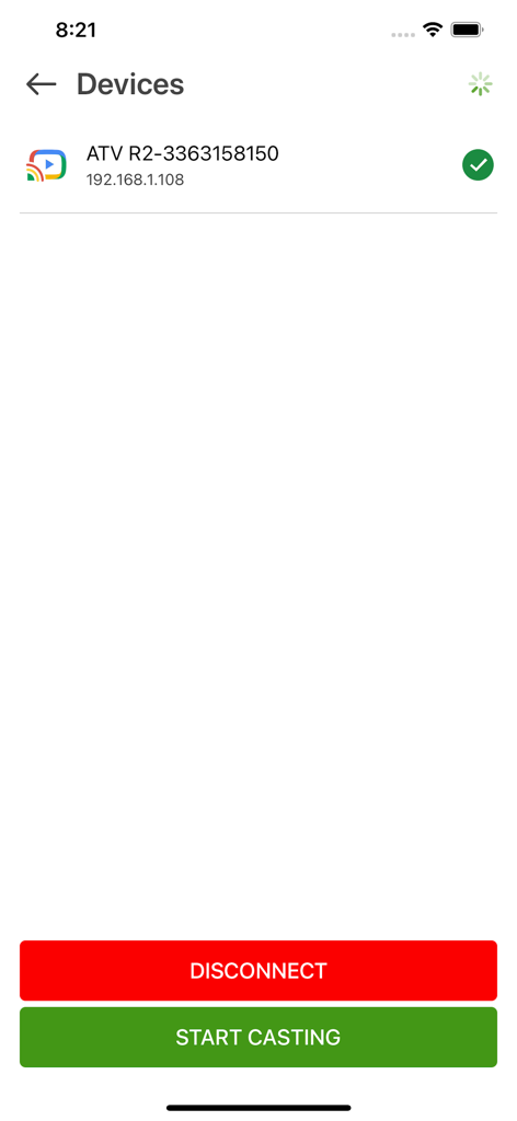 Screen Mirroring - Cast to TVs - Interface showing a list of available smart TV devices for screen mirroring with a start casting button