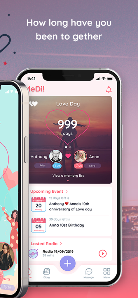 MeLove app interface showing a couple relationship day counter and upcoming anniversary reminders