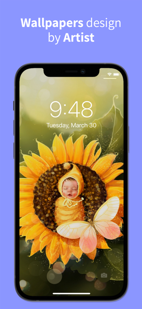 Theme Store: widget changer - Tela de bloqueio do iPhone com um papel de parede artístico apresentando um bebê dentro de um girassol e uma borboleta