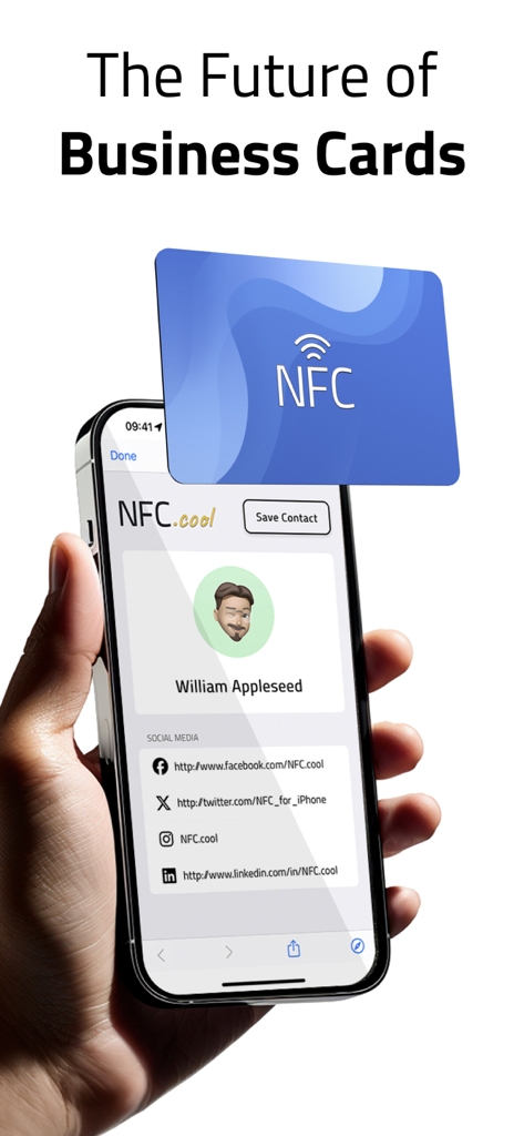 NFC 공유 기호가 있는 디지털 명함이 표시된 iPhone을 들고 있는 손