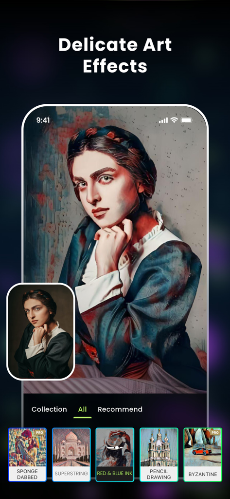 GoArt - AI Art Image Generator - Interface do aplicativo móvel GoArt mostrando filtros artísticos e efeitos de pintura a óleo em um retrato