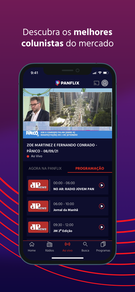 Panflix - Panflix app interface showing live Brazilian news broadcast and daily programming schedule
