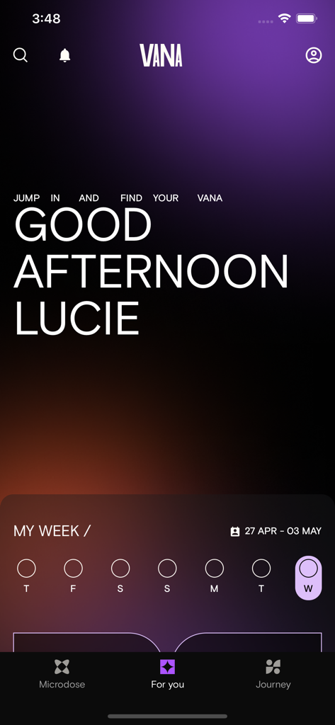 VANA - VANAアプリのホーム画面。パーソナライズされた挨拶とウェルネスセッションの週次進捗トラッカーが表示されています