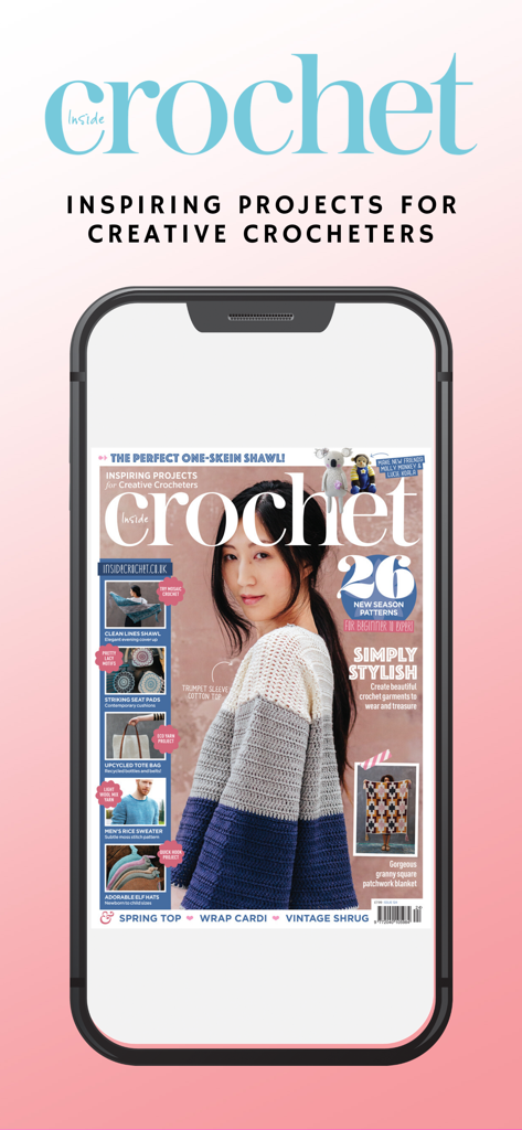Pantalla de smartphone mostrando la portada de Inside Crochet Magazine con varios patrones de crochet DIY.