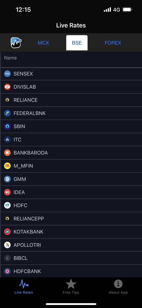 Real time BSE stock prices and market rates on the MCX Live app interface.