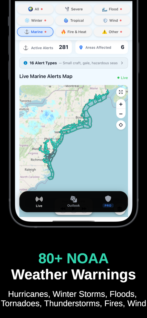 Storm Tracker by WeatherAlerts - Storm Tracker app interface showing a live marine alerts map with green warning polygons along the US East Coast.