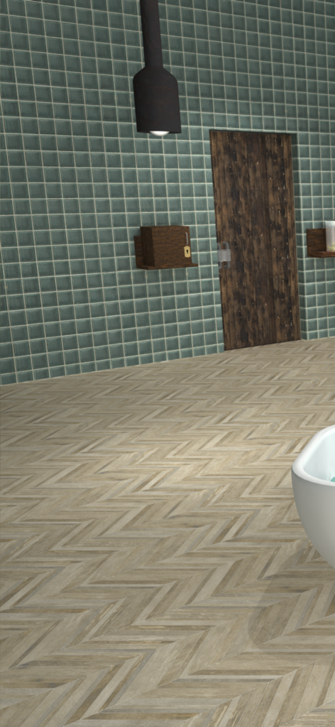 Scena di un bagno con piastrelle verdi con una porta di legno e una scatola chiusa a chiave in Room Escape Game EXiTS