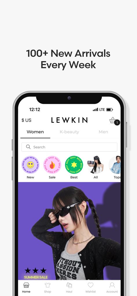 LEWKIN - Pantalla de inicio de la aplicación móvil LEWKIN que muestra las novedades semanales y categorías de ropa de calle coreana.