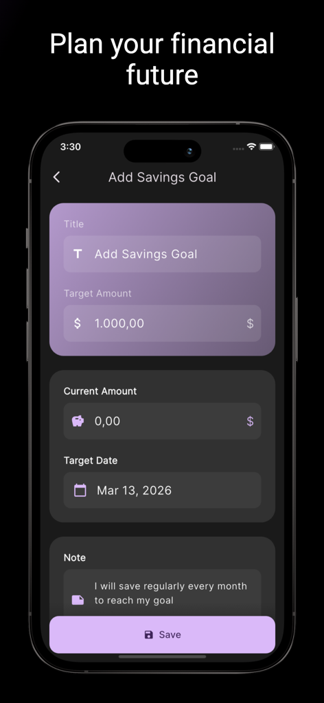 Smart Wallet - Budget Tracker - Añadiendo una nueva meta de ahorro en la interfaz de la aplicación rastreadora de presupuesto Smart Wallet