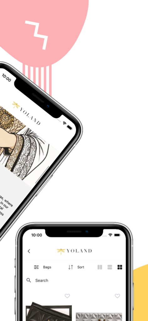 Two iPhones displaying the Yoland Fashion app interface for luxury modest wear and handbags.