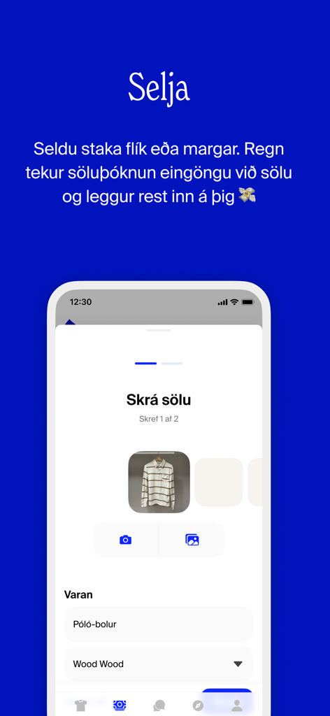 Regn - Regnアプリのユーザーインターフェース。衣料品を販売リストに載せるためのステップバイステッププロセスを示しています。