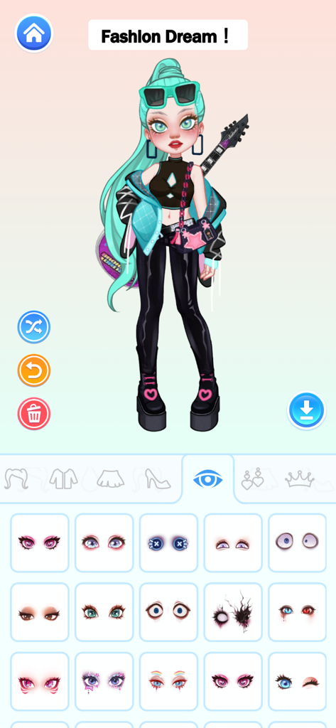 A character customization screen showing various eye styles for a rock style doll avatar